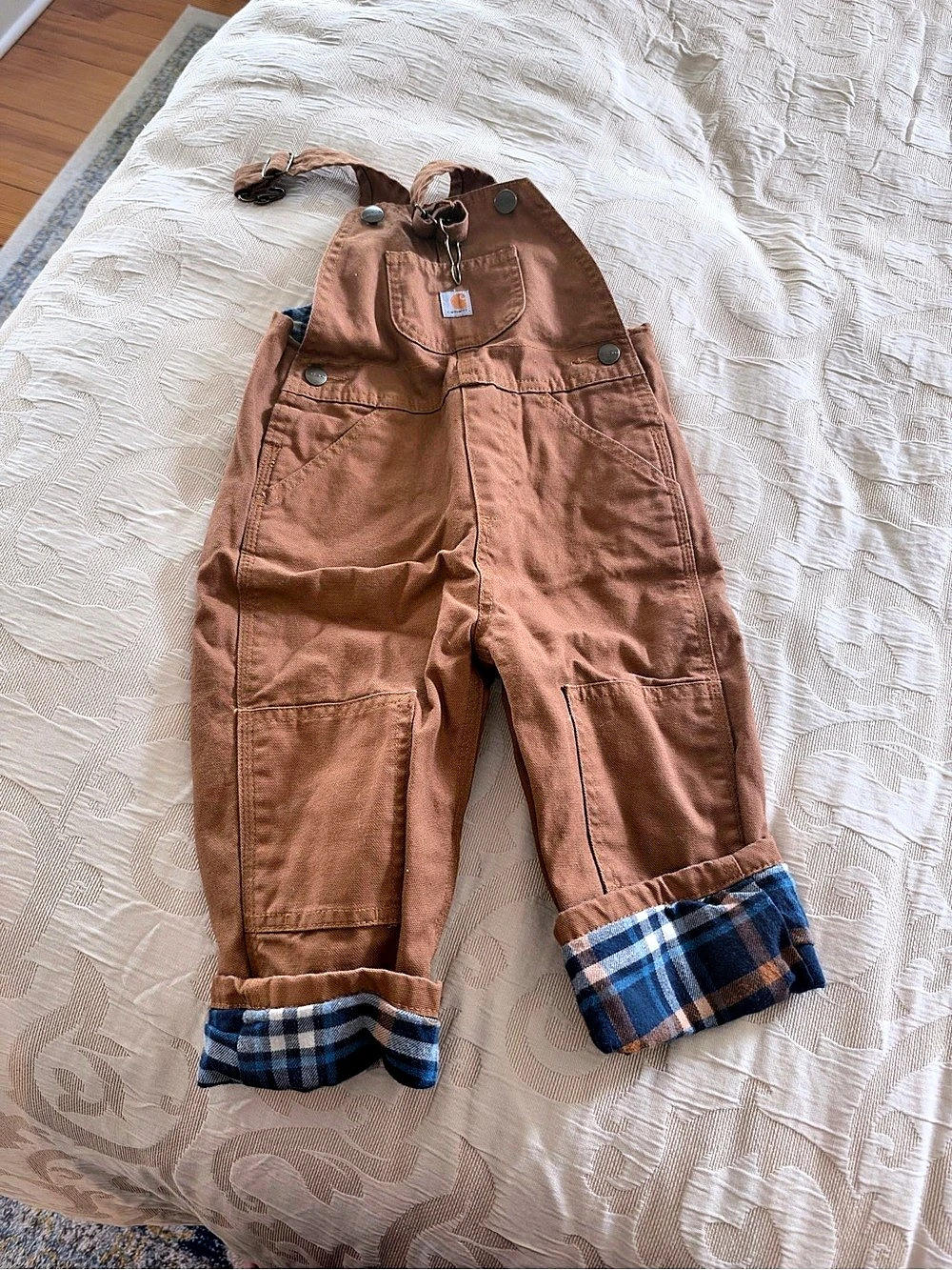 Carhartt Infant/Toddler Flannel-Lined Canvas Bib Overalls Brown & Blue Boys 2T